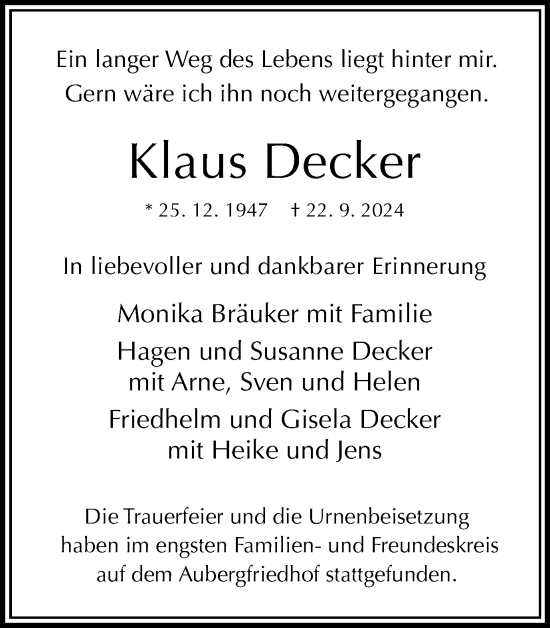Traueranzeige von Klaus Decker von Tageszeitung