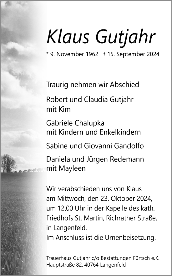 Traueranzeige von Klaus Gutjahr von Tageszeitung