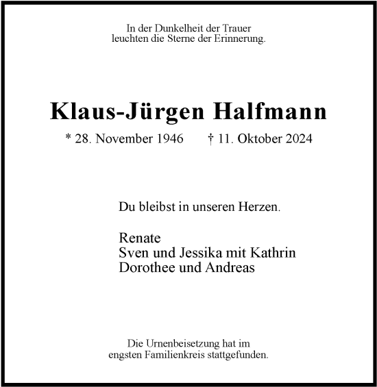 Traueranzeige von Klaus-Jürgen Halfmann von Tageszeitung