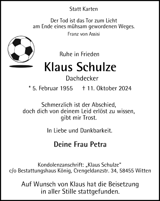 Traueranzeige von Klaus Schulze von Tageszeitung