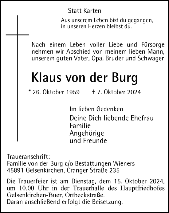 Traueranzeige von Klaus von der Burg von Tageszeitung