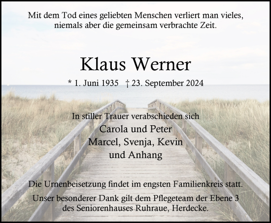 Traueranzeige von Klaus Werner von Tageszeitung