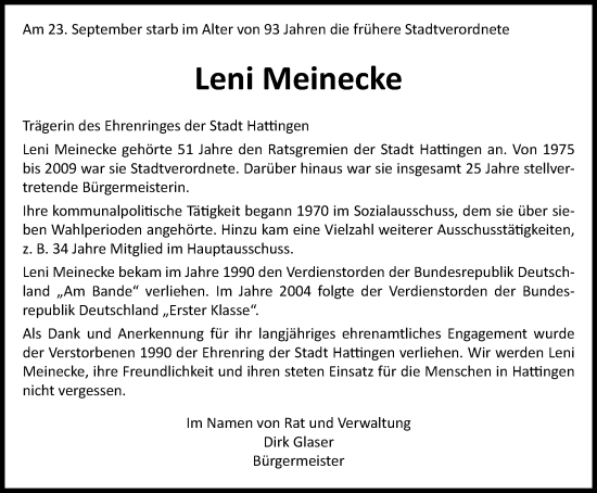 Traueranzeige von Leni Meinecke von Tageszeitung