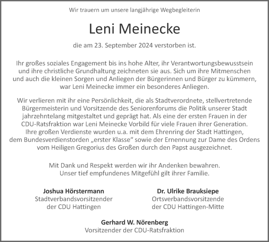 Traueranzeige von Leni Meinecke von Tageszeitung
