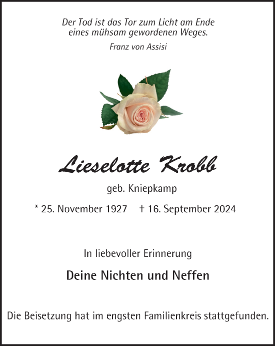 Traueranzeige von Lieselotte Krobb von Tageszeitung