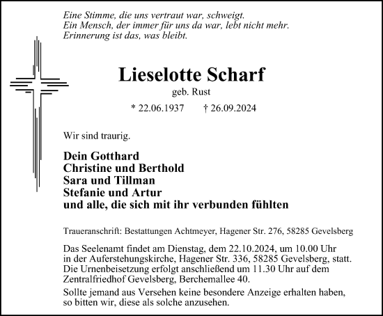 Traueranzeige von Lieselotte Scharf von Tageszeitung