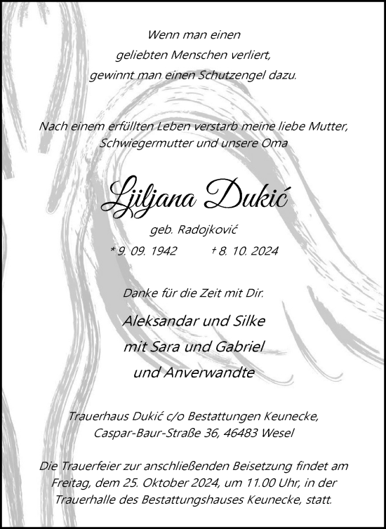 Traueranzeige von Ljiljana Dukic von Tageszeitung
