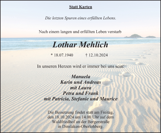 Traueranzeige von Lothar Mehlich von Tageszeitung