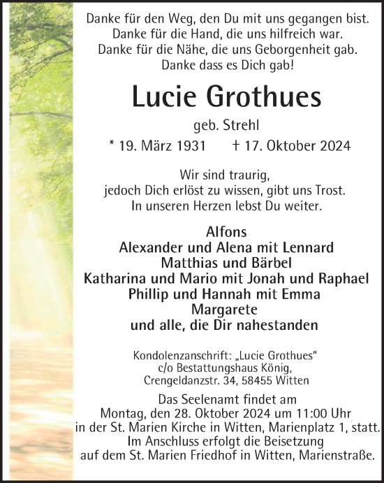 Traueranzeige von Lucie Grothues von Tageszeitung