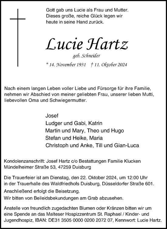Traueranzeige von Lucie Hartz von Tageszeitung