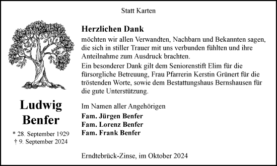 Traueranzeige von Ludwig Benfer von Tageszeitung