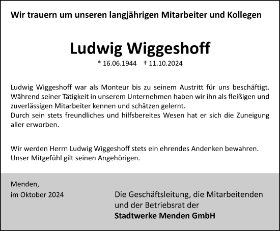 Traueranzeige von Ludwig Wiggeshoff von Tageszeitung