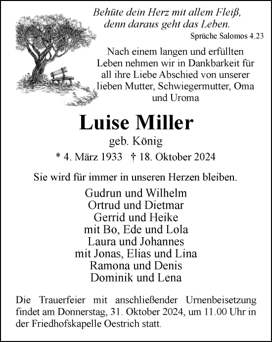 Traueranzeige von Luise Miller von Tageszeitung