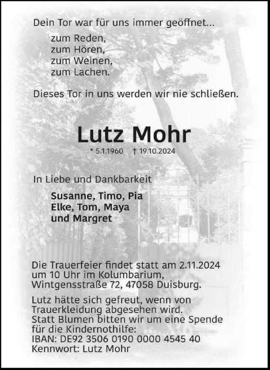 Traueranzeige von Lutz Mohr von Tageszeitung