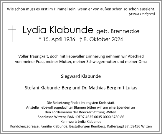 Traueranzeige von Lydia Klabunde von Tageszeitung