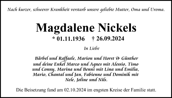 Traueranzeige von Magdalene Nickels von Tageszeitung