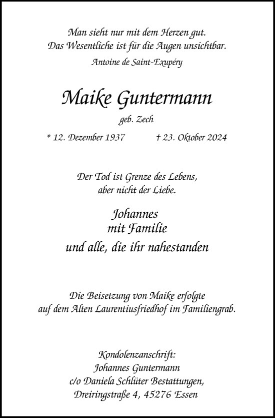 Traueranzeige von Maike Guntermann von Tageszeitung