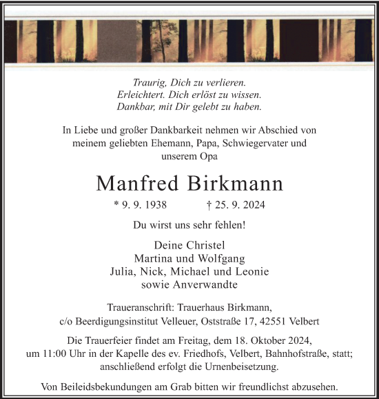 Traueranzeige von Manfred Birkmann von Tageszeitung