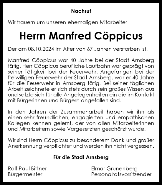 Traueranzeige von Manfred Cöppicus von Tageszeitung