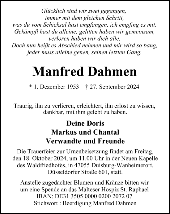 Traueranzeige von Manfred Dahmen von Tageszeitung