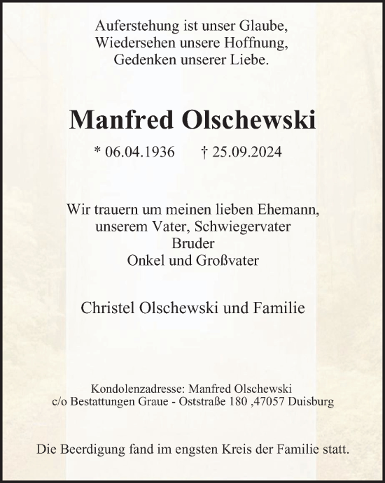 Traueranzeige von Manfred Olschewski von Tageszeitung