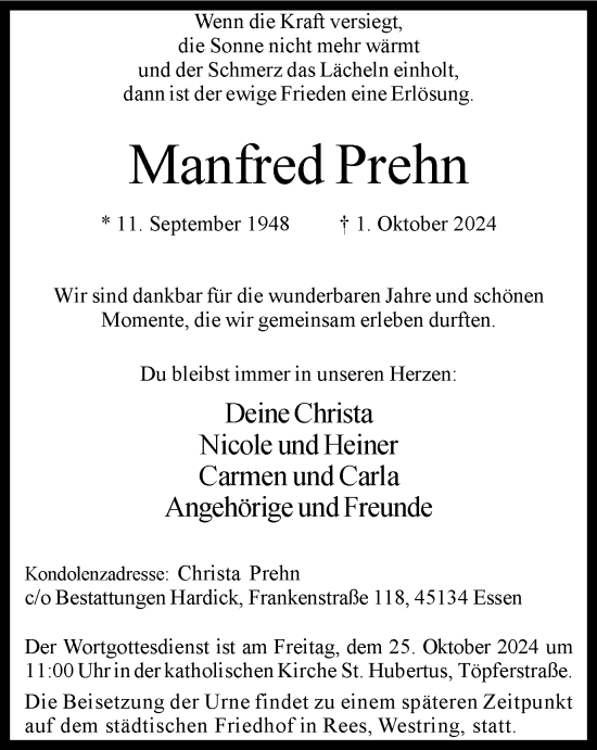 Traueranzeige von Manfred Prehn von Tageszeitung