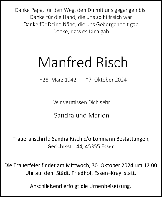 Traueranzeige von Manfred Risch von Tageszeitung