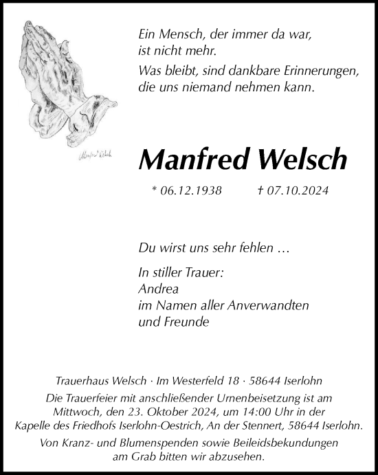 Traueranzeige von Manfred Welsch von Tageszeitung