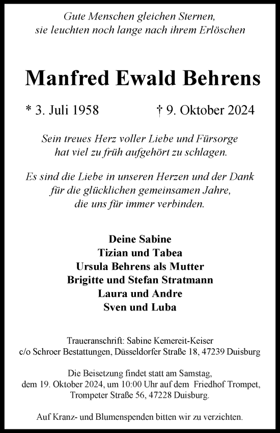 Traueranzeige von Manfred Ewald Behrens von Tageszeitung