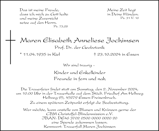 Traueranzeige von Maren Elisabeth Anneliese Jochimsen von Tageszeitung