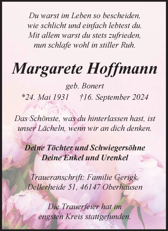 Traueranzeige von Margarete Hoffmann von Tageszeitung