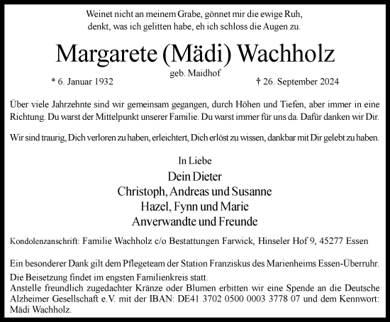 Traueranzeige von Margarete  Wachholz von Tageszeitung