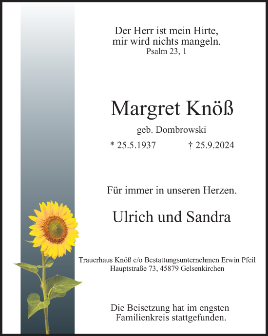 Traueranzeige von Margret Knöß von Tageszeitung