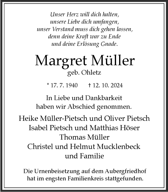 Traueranzeige von Margret Müller von Tageszeitung