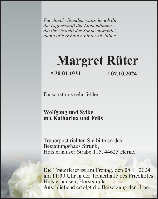 Traueranzeige von Margret Rüter von Tageszeitung