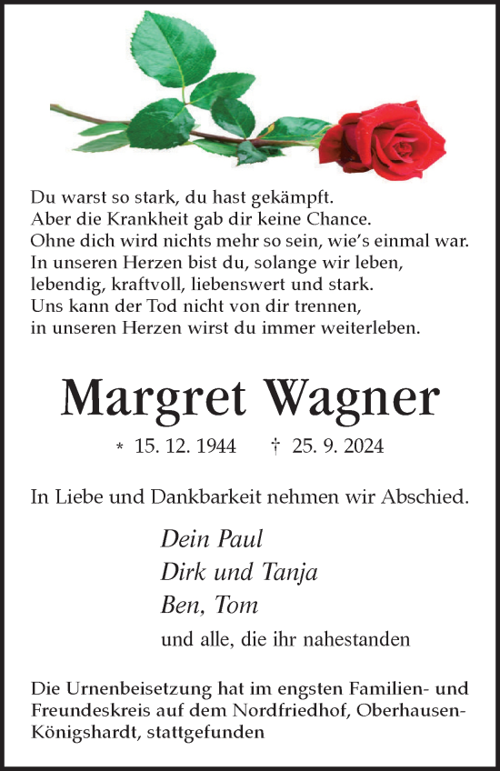 Traueranzeige von Margret Wagner von Tageszeitung