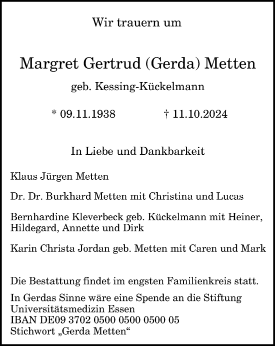 Traueranzeige von Margret Gertrud Metten von Tageszeitung