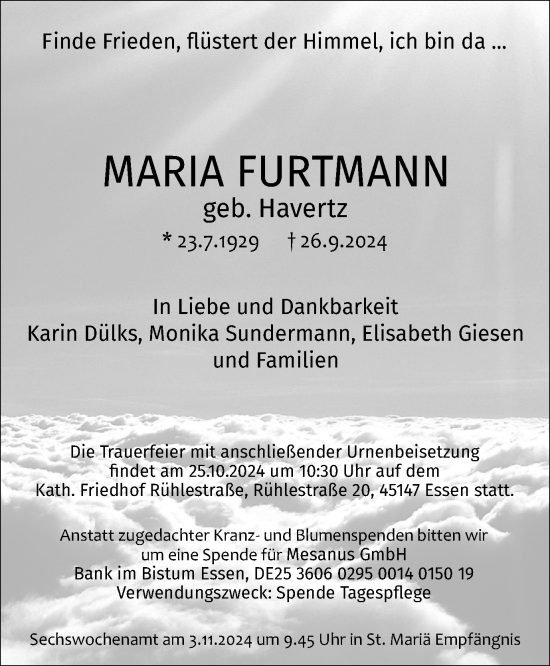 Traueranzeige von Maria Furtmann von Tageszeitung
