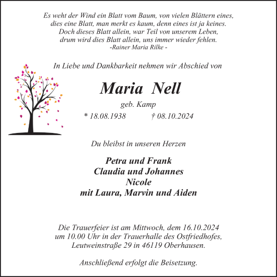 Traueranzeige von Maria Nell von Tageszeitung