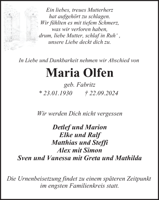 Traueranzeige von Maria Olfen von Tageszeitung