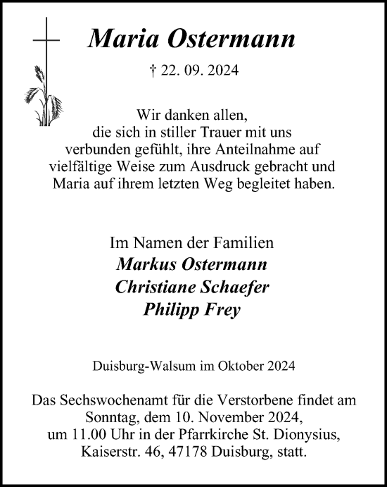 Traueranzeige von Maria Ostermann von Tageszeitung