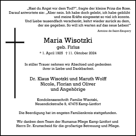 Traueranzeige von Maria Wisotzki von Tageszeitung