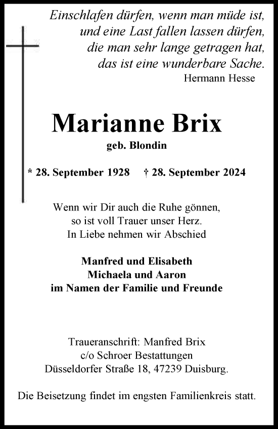 Traueranzeige von Marianne Brix von Tageszeitung