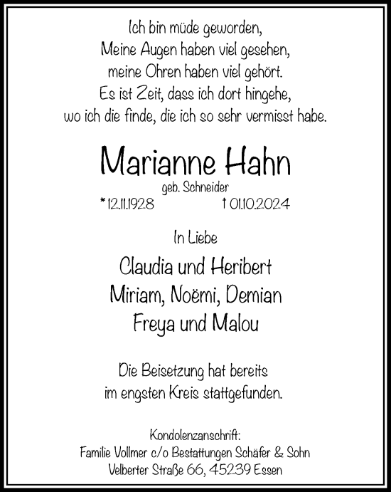 Traueranzeige von Marianne Hahn von Tageszeitung
