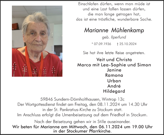 Traueranzeige von Marianne Mühlenkamp von Tageszeitung