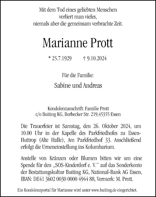 Traueranzeige von Marianne Prott von Tageszeitung