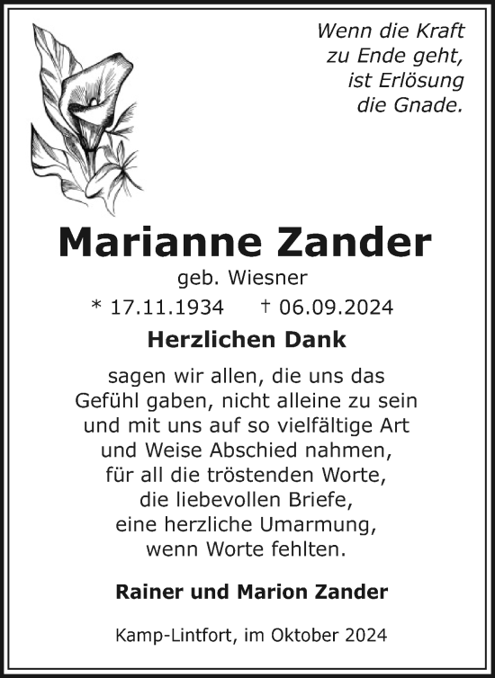 Traueranzeige von Marianne Zander von Tageszeitung