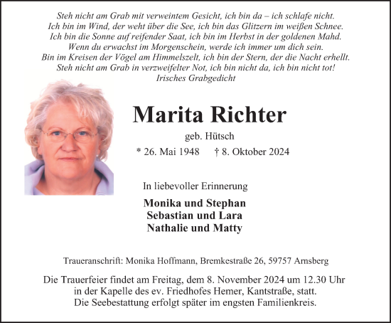 Traueranzeige von Marita Richter von Tageszeitung