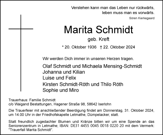 Traueranzeige von Marita Schmidt von Tageszeitung