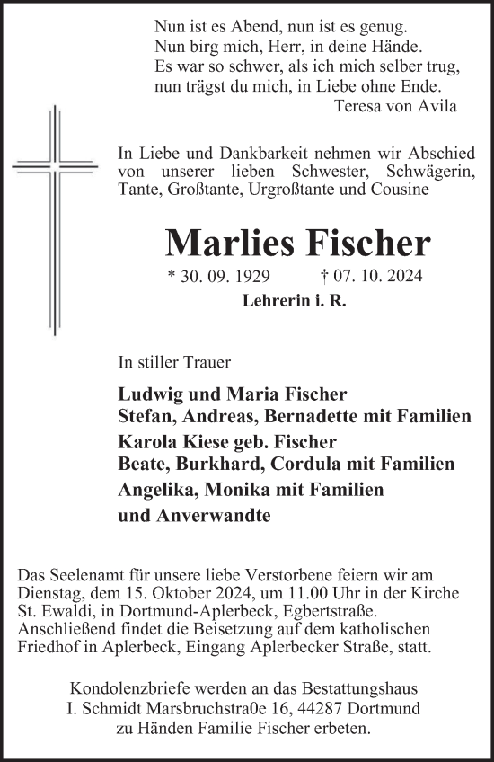 Traueranzeige von Marlies Fischer von Tageszeitung